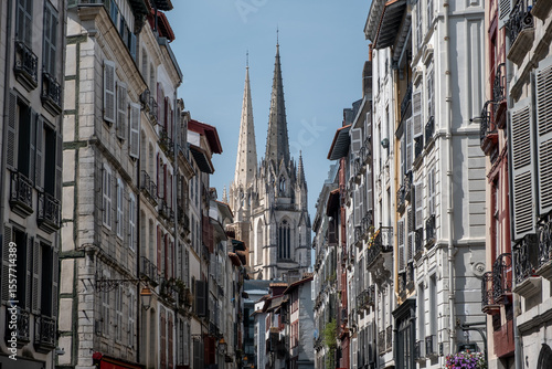 Perspective view of the old downtown Bayonne with Cathedral of Saint Mary of Bayonne