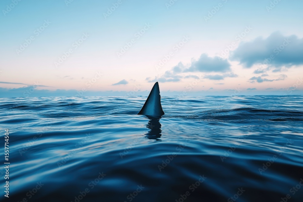 Fototapeta premium Shark fin breaks the surface of calm blue ocean waters during dusk hours, Shark fin emerges from blue ocean water at dusk, creating sense of mystery and awe in calm seascape
