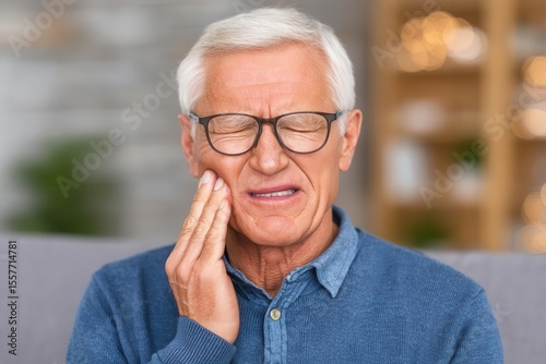 Senior man clutching his cheek in agony due to severe tooth pain