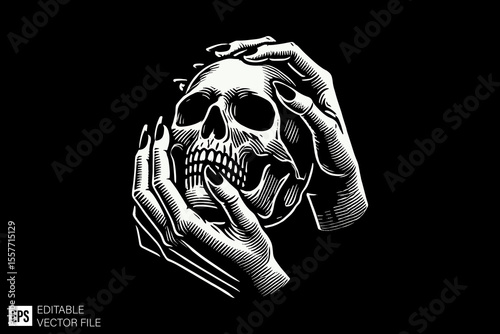 hand holding skull head skeleton dark art illustration black and white design in black background