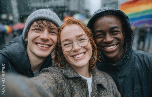 A vibrant group of LGBTQIA individuals are captured in a joyful selfie during a pride parade, beaming with smiles as they hold rainbow flags and gaze directly at the camera