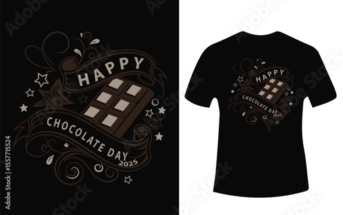 Happy Chocolate Day 2025 T Shirt Design with Ribbon and Star Accents