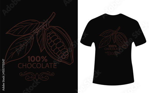 Chocolate T Shirt Design Featuring Cacao Pod and Leaves Illustration