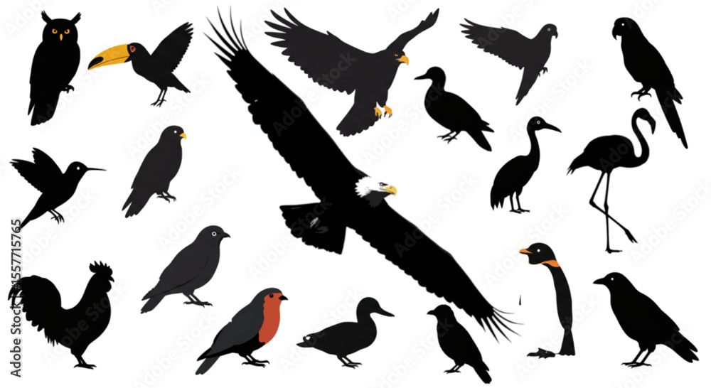 Obraz premium Black Bird Silhouettes Collection - Vector Icons of Various Species Including Eagles, Owls, Flamingos and Songbirds