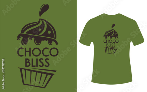 Choco Bliss Logo Design on Olive Green Background and T Shirt Mockup