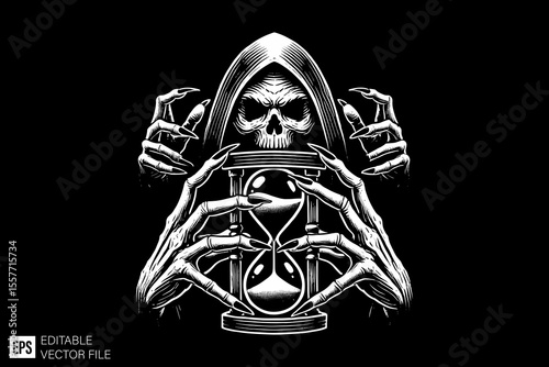 a scary hand holding hourglass ark art illustration black and white design in black background