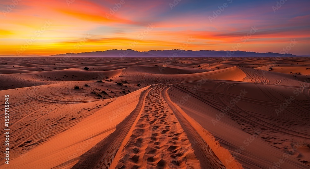 Fototapeta premium Walking on Sand Dune Ridge with Sunset Sky Over Horizon