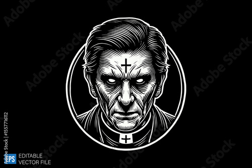scary pastor dark art illustration black and white design in black background