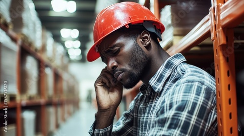 Exhausted African American Worker Leaning Head Against Warehouse Shelf in Hard Hat, Portraying Workplace Stress