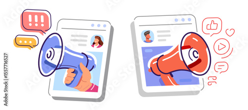 Online promotion or advertising, social media digital marketing. Megaphone announces important information