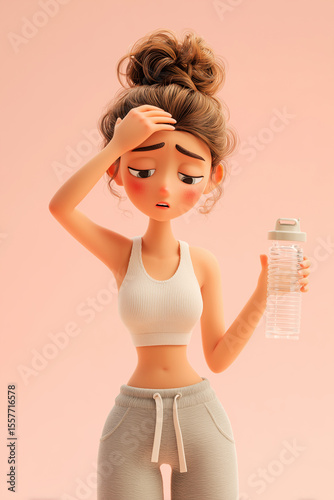 3D cartoon woman with messy bun, wiping sweat from forehead, holding water bottle