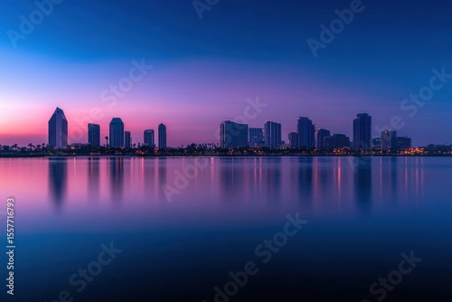 Time Lapse captures vibrant sunset over San Diego skyscrapers reflecting on peaceful waters, Timelapse of San Diego skyscrapers