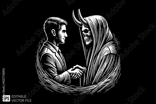 Make a deal with the devil dark art illustration black and white design in black background