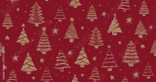 Christmas tree gold on red, hand drawn illustrations.
