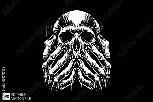 hand holding skull head skeleton dark art illustration black and white design in black background