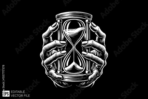 a scary hand holding hourglass ark art illustration black and white design in black background