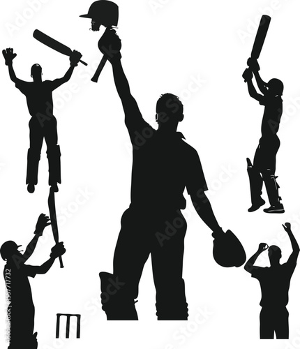 Cricket action silhouettes of batsmen in various poses with bat pads and helmet on white background