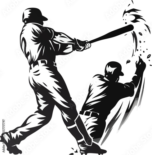 Dynamic baseball action illustration featuring a swinging batter and a diving player silhouette