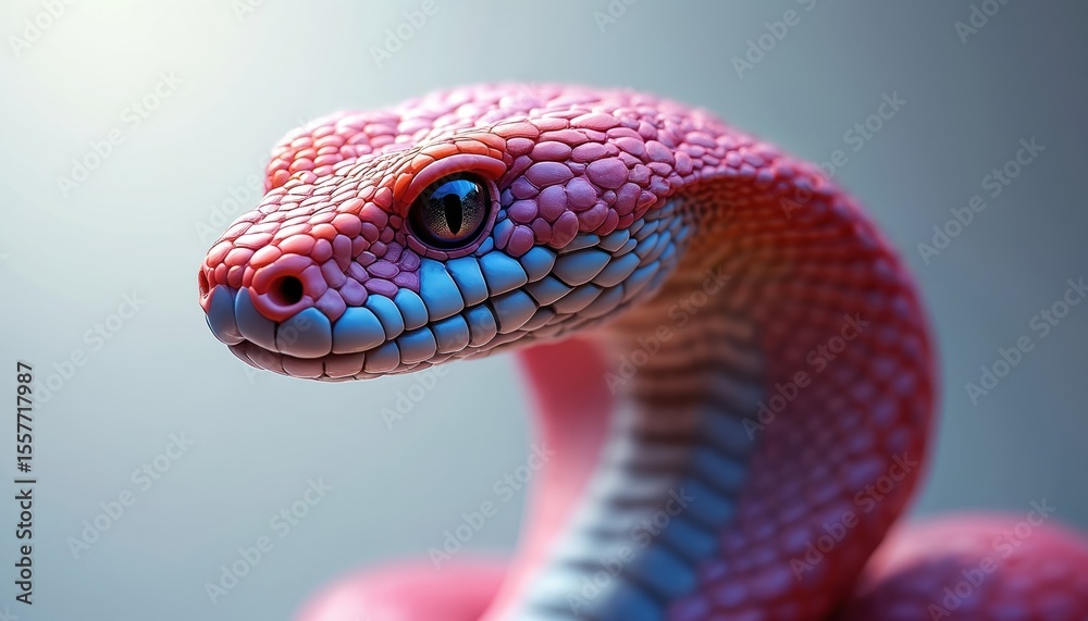 Fototapeta premium Vibrant cobra illustration features intricate hood patterns against a soft, white-to-gray gradient backdrop. Ideal for logos or creative art use. Digital artwork with eye-catching color palette.