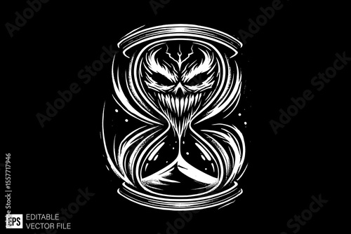 a scary hand holding hourglass ark art illustration black and white design in black background