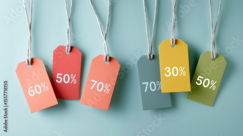 Colorful price tags hanging showing different percentage discounts