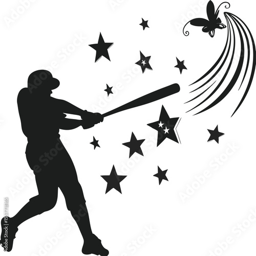 Silhouette baseball player swinging bat with stars and a stylized butterfly decoration