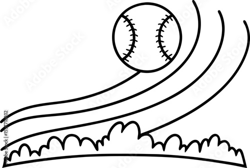 Baseball flying through air over grass field sport movement, fast outdoor ball game, dynamic trajectory lines