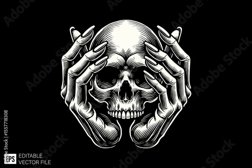 hand holding skull head skeleton dark art illustration black and white design in black background