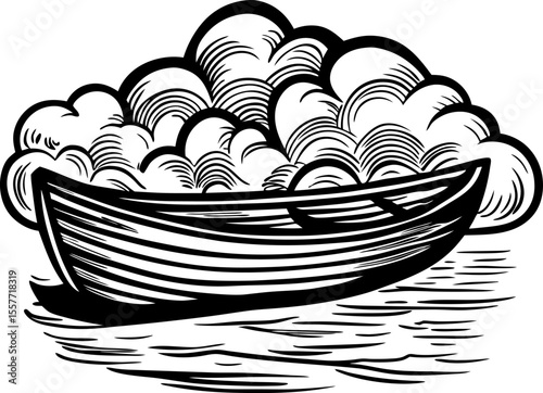 Wooden rowboat floating on water filled with fluffy clouds, surreal hand drawn black and white illustration