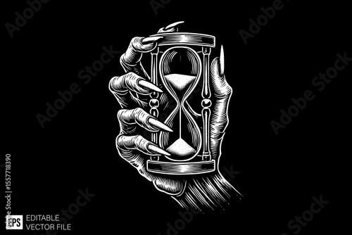 a scary hand holding hourglass ark art illustration black and white design in black background