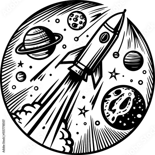 Retro rocket ship blasting into outer space with planets, stars, asteroids, and cosmic clouds, vintage engraving