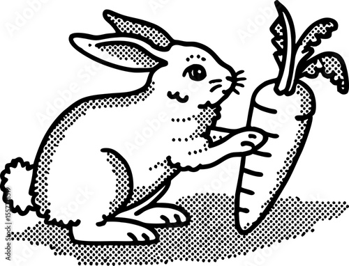 Curious rabbit holding carrot cute hare with vegetable, vintage black and white dotted illustration on white background