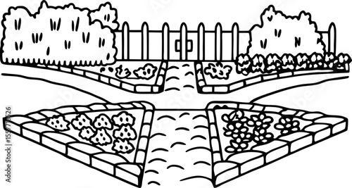 Symmetrical garden beds with pathway, bushes, decorative shrubs and flowering plants, landscape design outline