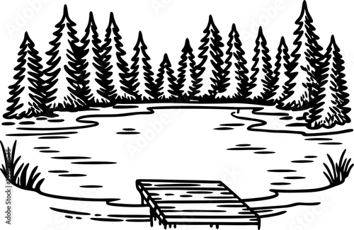 Peaceful forest lake with wooden dock, surrounded by pine trees idyllic nature scene, calm wilderness waterscape