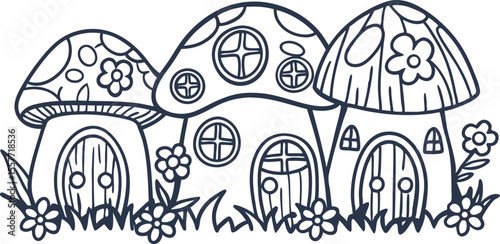 fairy tale mushroom houses with floral decorations cute whimsical line art, fantasy woodland village scene