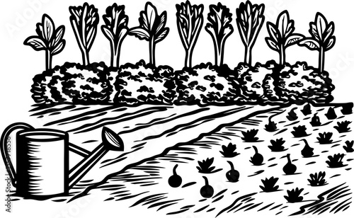 Vegetable garden with rows of crops, watering can and fruit trees hand drawn rural farming and cultivation concept