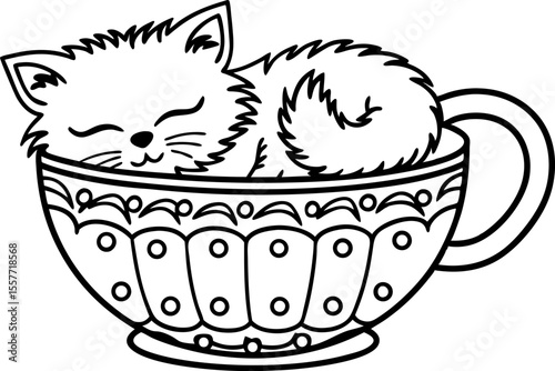 Cute kitten curled up sleeping inside decorative teacup cozy animal resting, playful adorable pet illustration