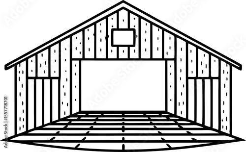 Barn illustration wooden farm building exterior, front view with large open door, black outline rural structure