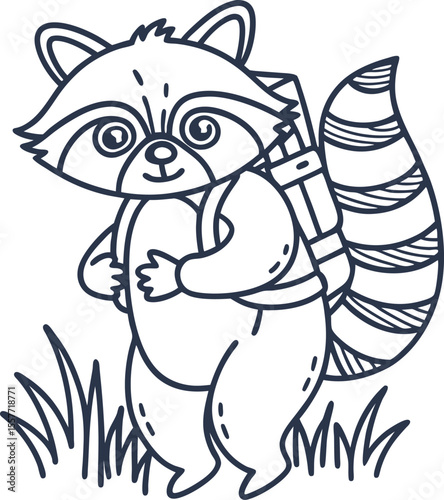 Cute raccoon explorer walking outdoors with backpack hand drawn line art animal illustration for adventure and nature themes