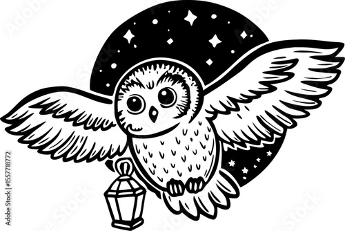 Owl flying with lantern at night, full wings spread, celestial stars and moon background in black and white