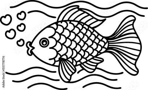 Kissing fish swimming with heart bubbles aquatic animal, playful underwater scene, wavy water lines, black and white outline