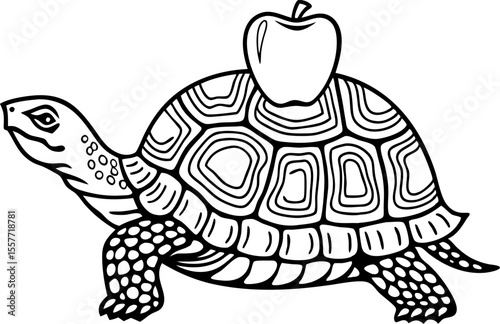 tortoise with apple on patterned shell animal illustration, black and white outline, design, slow movement concept