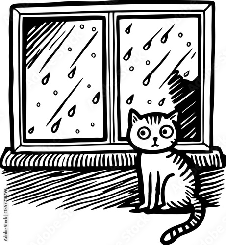 Curious cat sitting by rainy window black and white hand drawn illustration, adorable pet indoors during weather