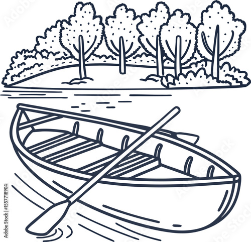 Rowboat on calm river with trees reflected in water hand drawn nature landscape, outdoor recreation, tranquil scene