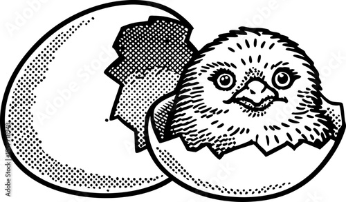 Cute baby chick emerging from cracked eggshell hand drawn illustration, hatching, new life, animal birth concept