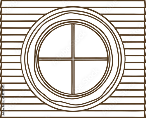 Round attic window with horizontal wooden siding, simple architectural line art illustration