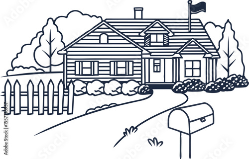 Suburban house with picket fence and mailbox front yard, flag, bushes and pathway in residential neighborhood