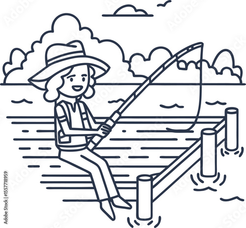 Smiling young woman fishing from pier over calm water relaxed outdoor activity, nature, leisure, lake or river