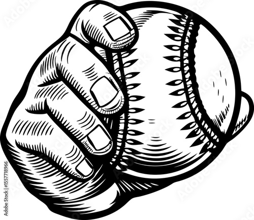 Hand gripping baseball for pitch detailed black and white illustration of fingers holding ball, vintage sports art