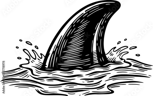 Shark fin emerging from ocean waves dangerous sea predator, water splash, black and white engraving illustration